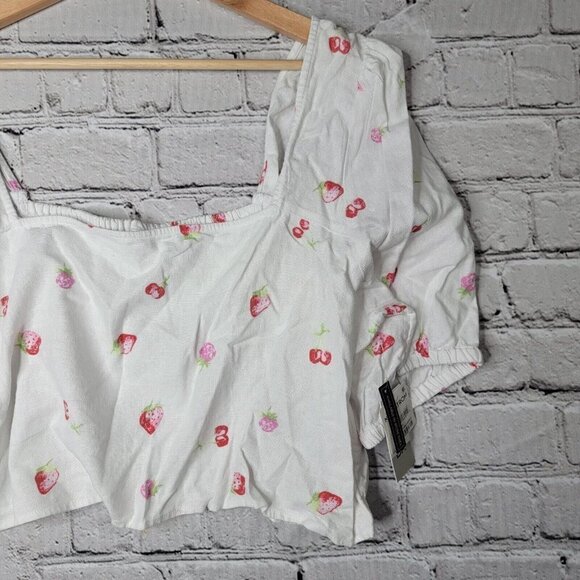 Bp Puff Sleeve Crop Top In White Brilliant Tossed Berries Linen NWT Size 3X - Picture 3 of 11
